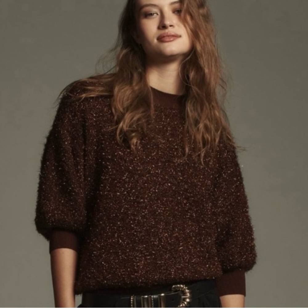 Anthropologie Maeve short sleeve tinsel sweater brown